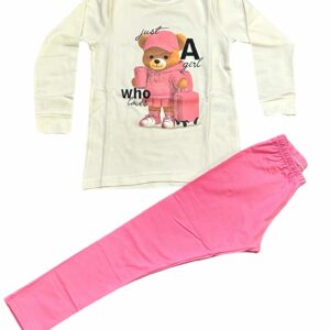 Completo Maglia manica lunga con orsetto e leggins rosa