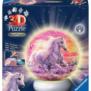 Palla puzzle 3D luminosa notturna cavallo sulla spiaggia